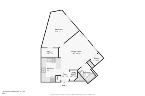 Floor plan for 1 bed, 1 bath, 806 sqft
